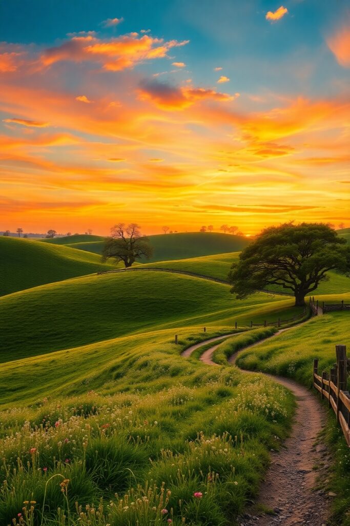 Scenic Journey Through Rolling Green Hills – free AI stock image