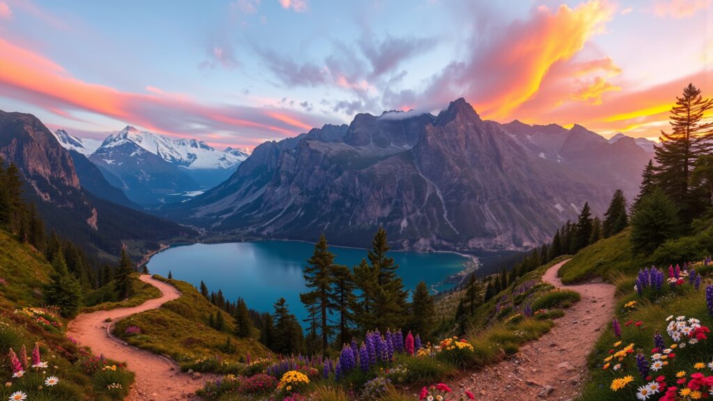 A Scenic Journey Through the Serene Mountains and Clear Lakes Image – free AI stock image