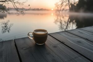 Scenic Morning Coffee by the Lake – free AI stock image