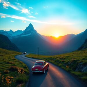 Scenic Road Trip Through Majestic Mountains – free AI stock image