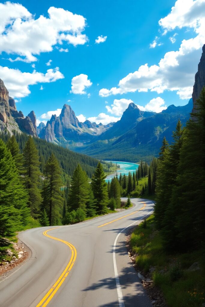 Scenic Road Trip Through Majestic Mountains – free AI stock image