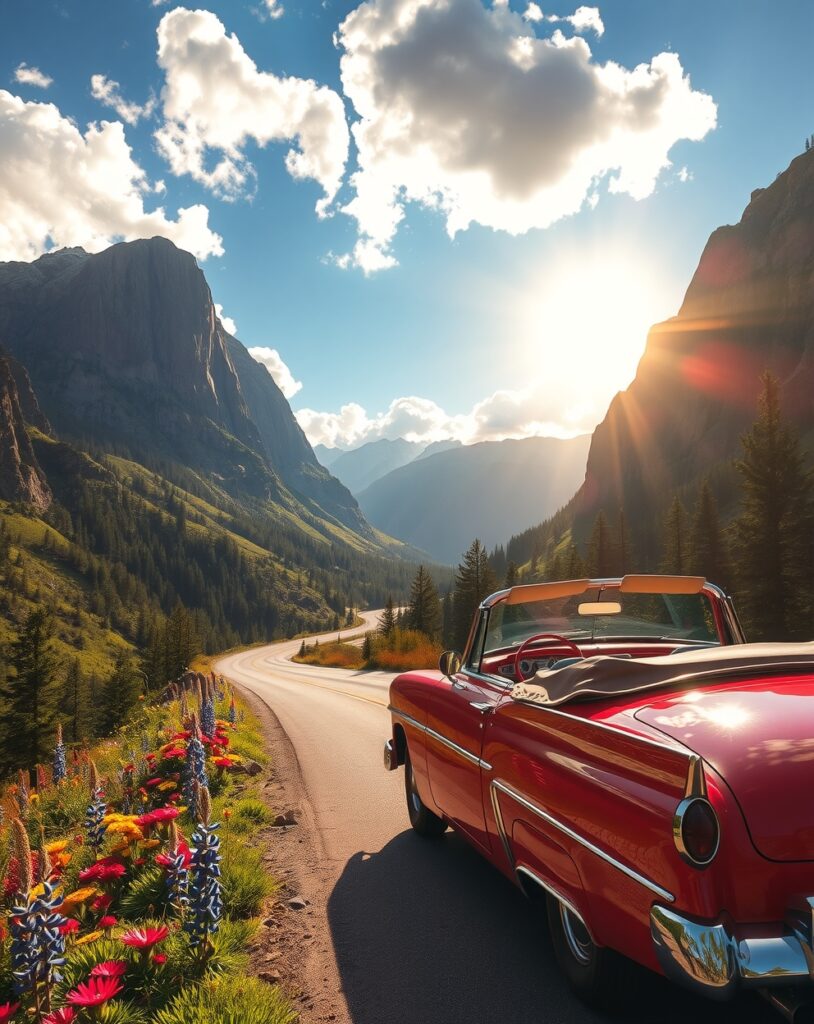 Scenic Road Trip Through Majestic Mountains – free AI stock image