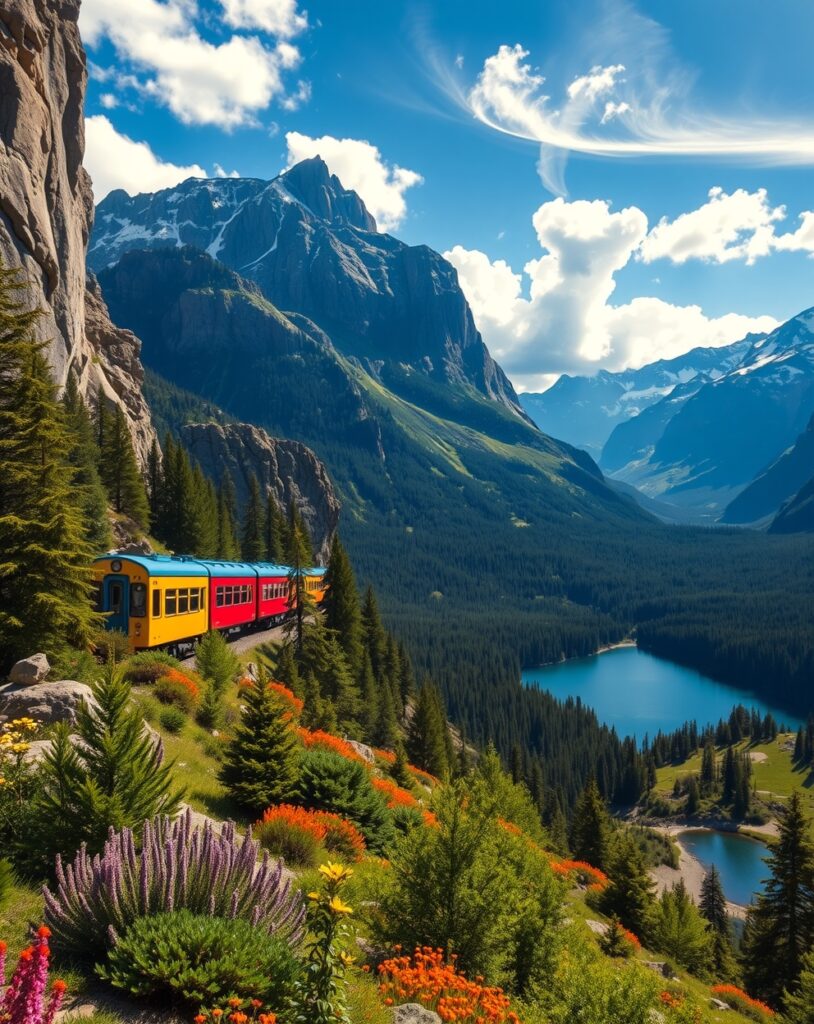 Scenic Train Journey Through Lush Mountains – free AI stock image
