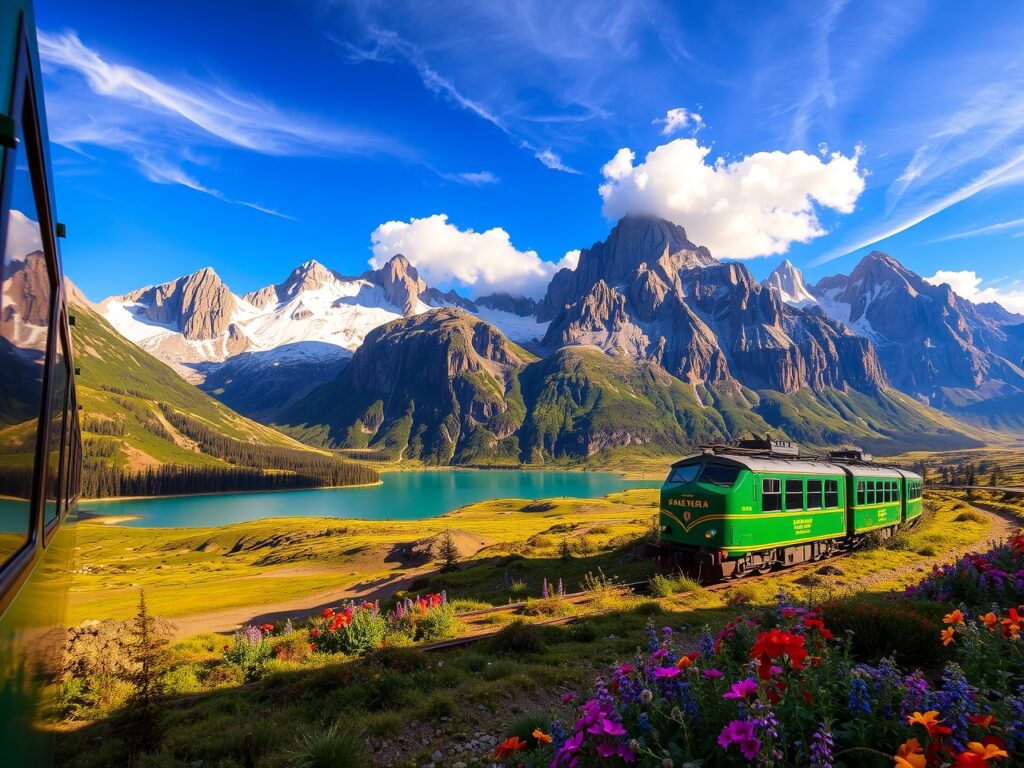 A Scenic Train Journey Through Majestic Mountains – free AI stock image