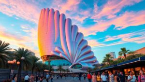 Seashell Skyscraper in Urban Sunset – free AI stock image
