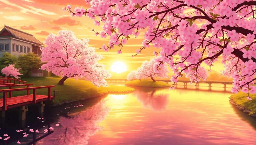 Serene Anime Landscape at Sunset – free AI stock image