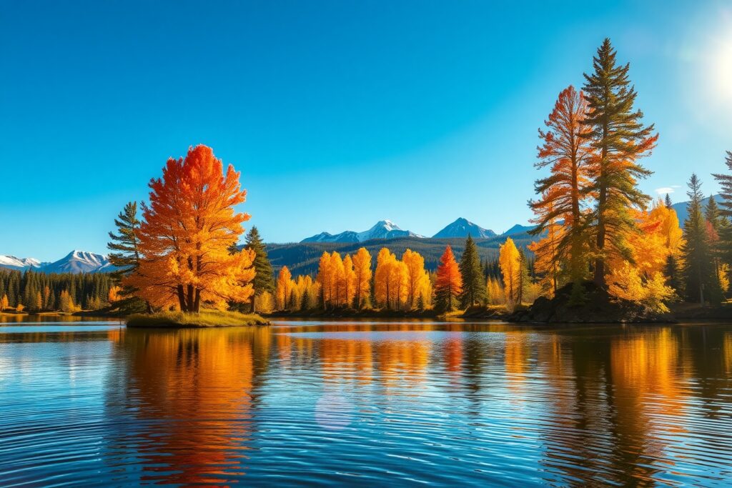 Serene Autumn Lake Amidst Colorful Trees – free AI stock image