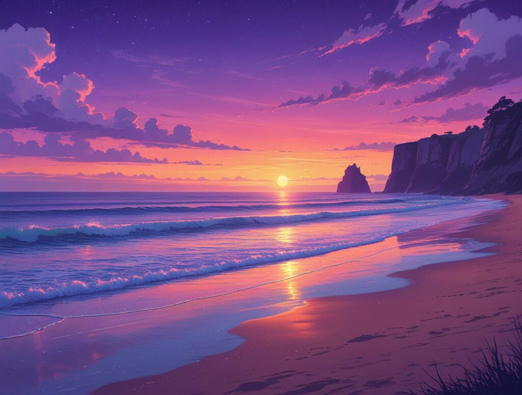 Serene Beach at Dusk with Gentle Waves – free AI stock image
