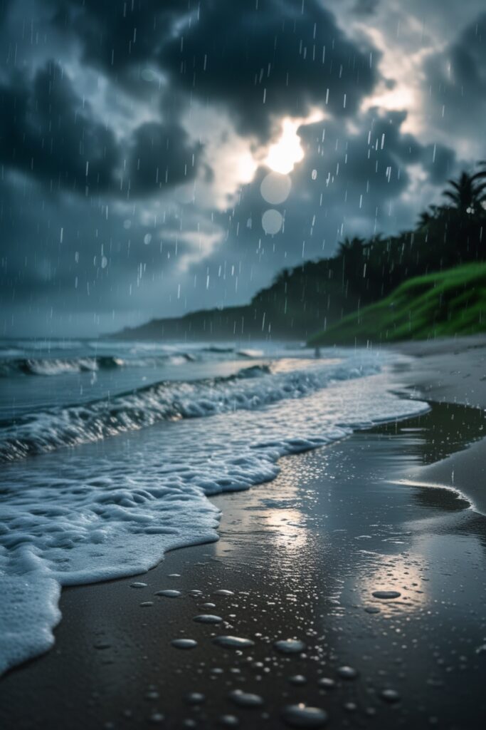 Serene Beach Scene During Gentle Rain – free AI stock image