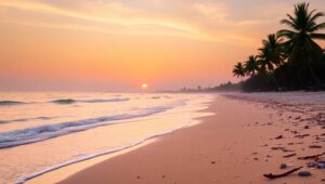 Serene Beach Sunrise with Gentle Waves – free AI stock image
