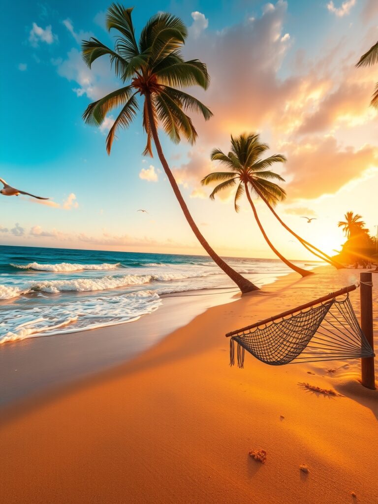 Serene Beach Sunset Destination Journey – free AI stock image