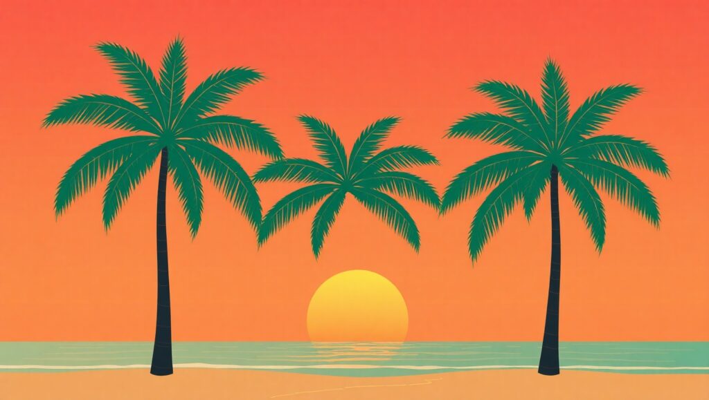 Serene Beach Sunset in Flat Style – free AI stock image