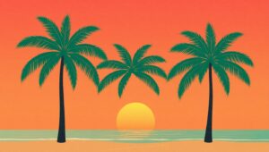 Serene Beach Sunset in Flat Style – free AI stock image