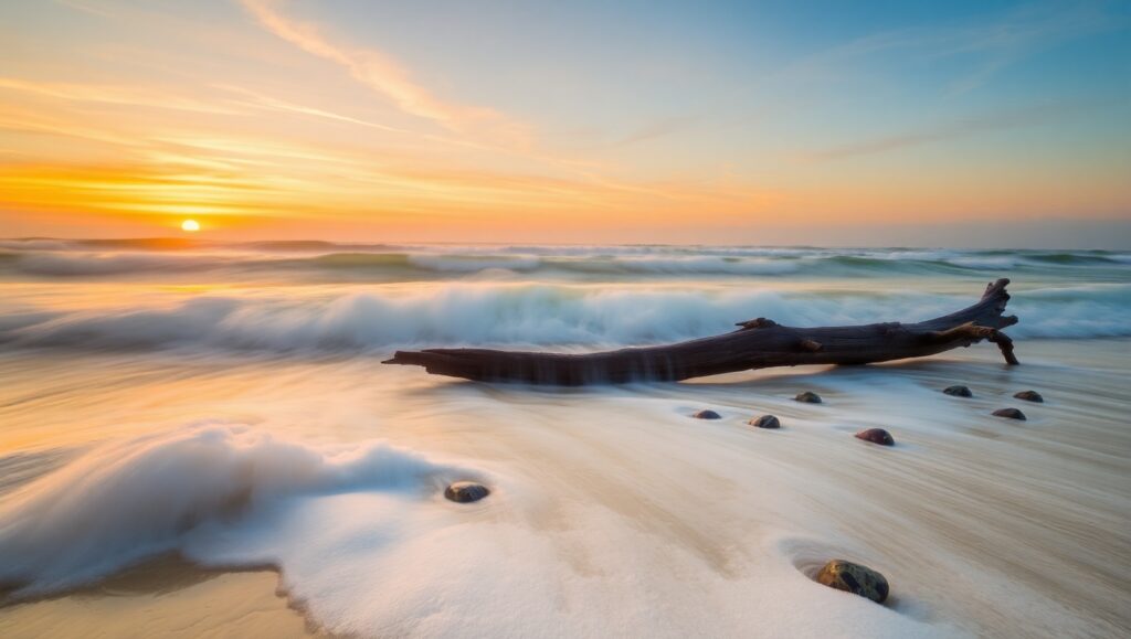 Serene Beach Sunset in Long Exposure – free AI stock image