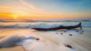 Serene Beach Sunset in Long Exposure – free AI stock image