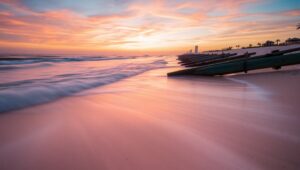 Serene Beach Sunset Long Exposure – free AI stock image