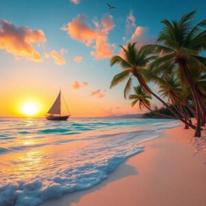 Serene Beach Sunset on a Tranquil Island – free AI stock image