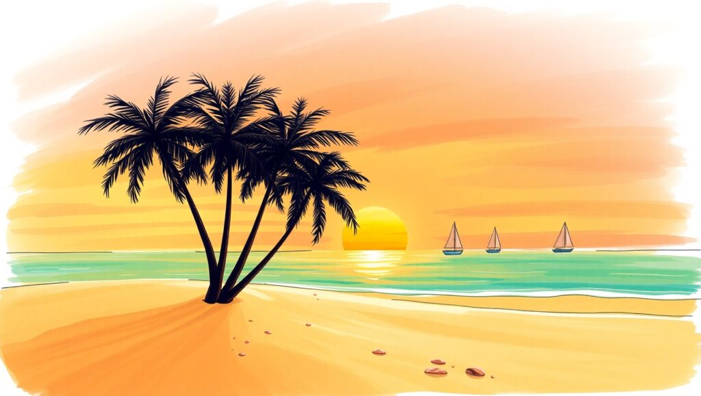 Serene Beach Sunset Sketch – free AI stock image