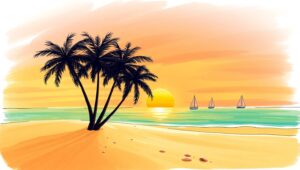 Serene Beach Sunset Sketch – free AI stock image