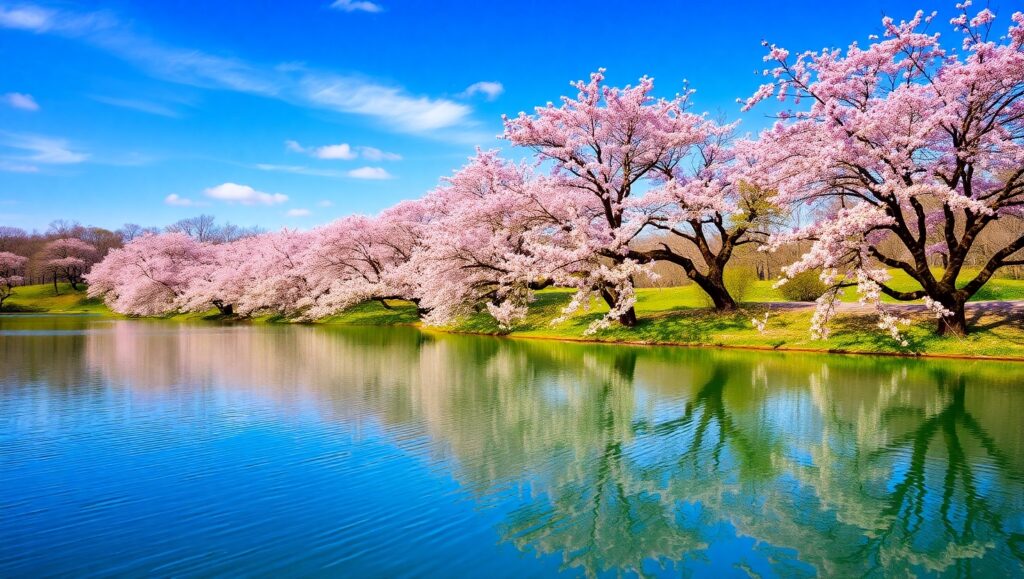 Serene Cherry Blossom Lake Scene – free AI stock image