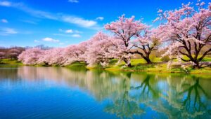 Serene Cherry Blossom Lake Scene – free AI stock image