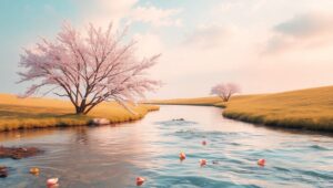 Serene Cherry Blossom Landscape – free AI stock image