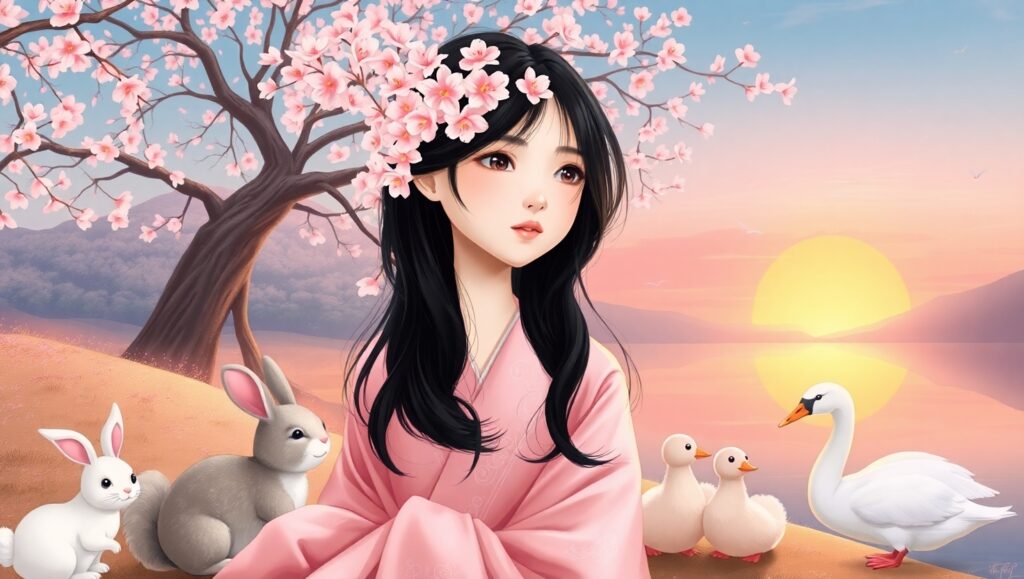 Serene Cherry Blossom River Scene – free AI stock image