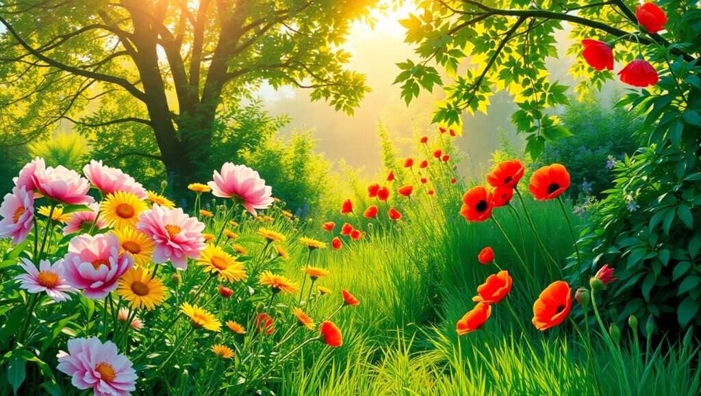 Serene Dawn in a Flower Garden – free AI stock image