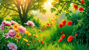 Serene Dawn in a Flower Garden – free AI stock image