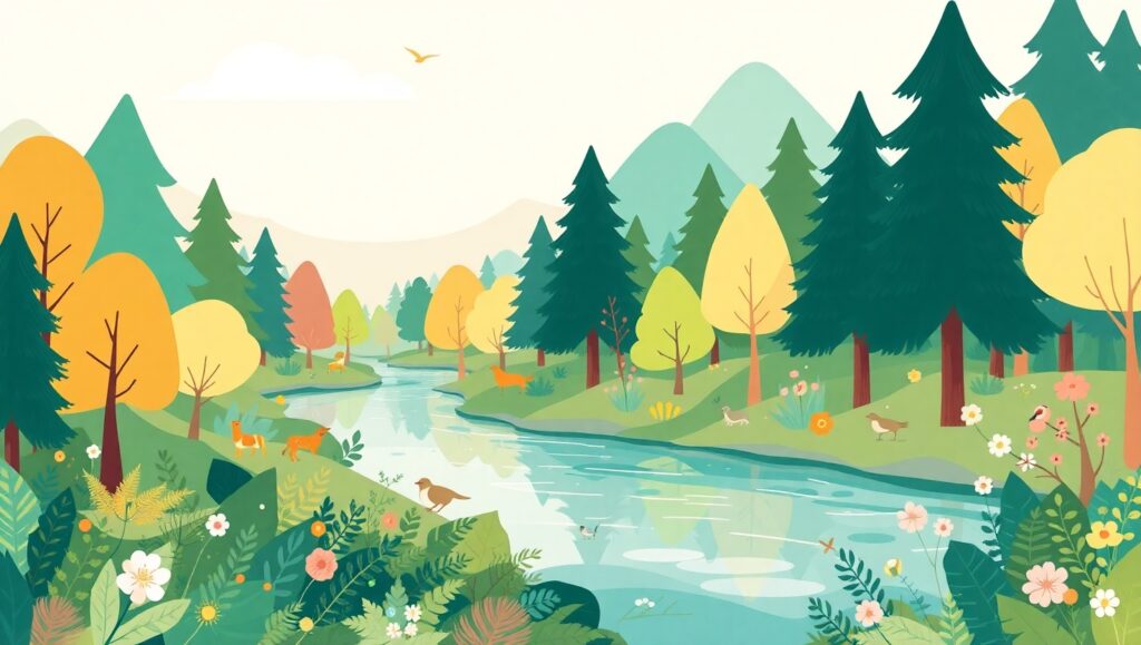 Serene Flat Design Forest Scene – free AI stock image