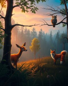 Serene Forest Animals at Dusk – free AI stock image