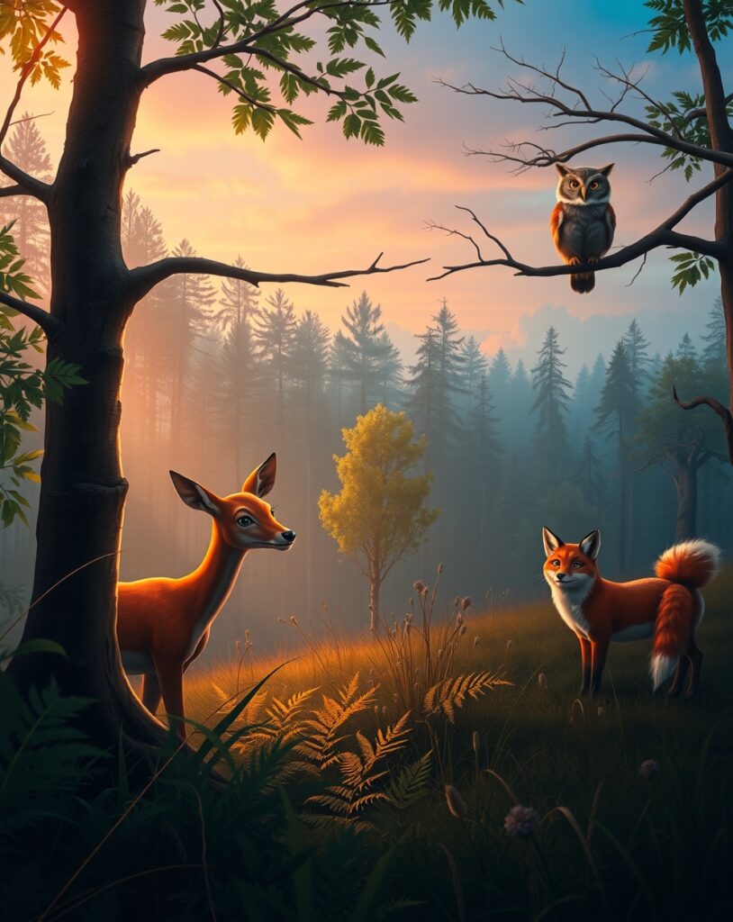 Serene Forest Animals at Dusk – free AI stock image