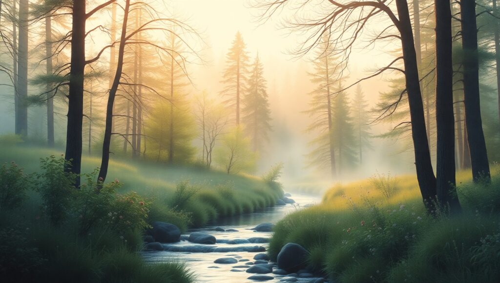 Serene Forest at Dawn – free AI stock image