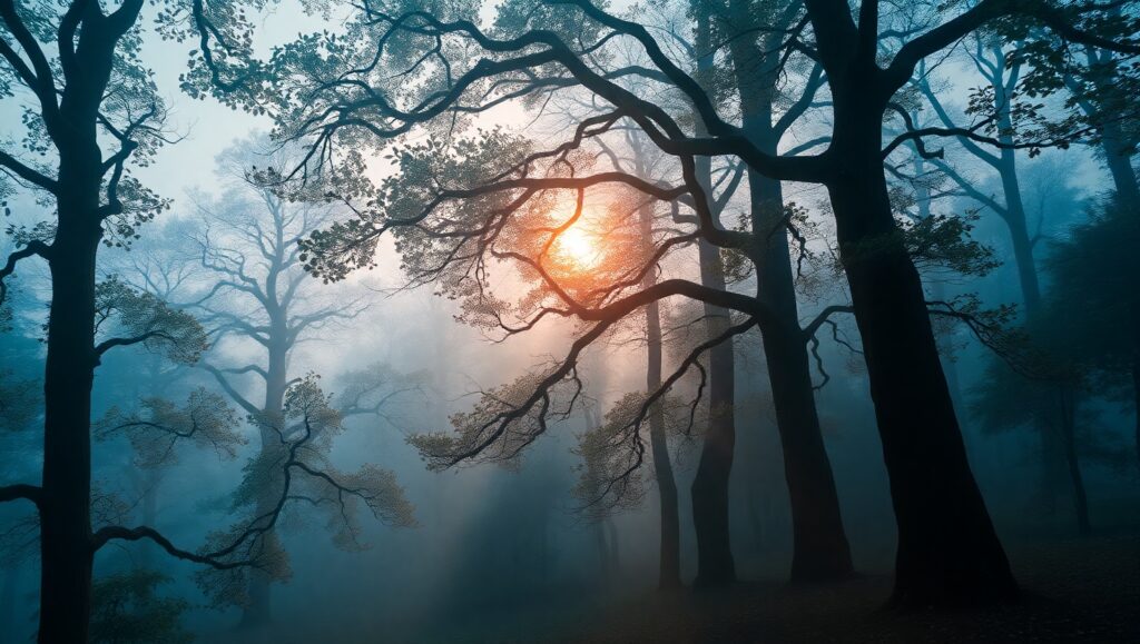 Serene Forest at Dawn in Duotone – free AI stock image