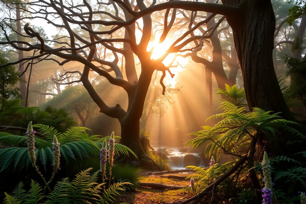 Serene Forest at Dawn with Mist – free AI stock image