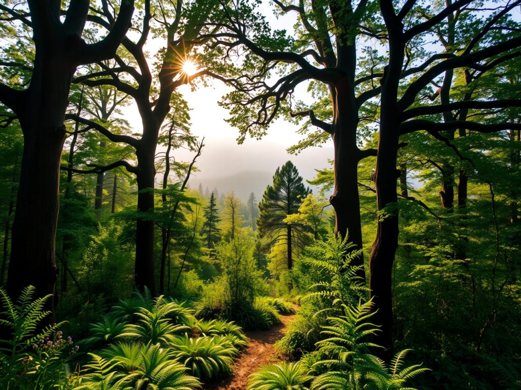 Serene Forest at Dawn with Misty Veil – free AI stock image