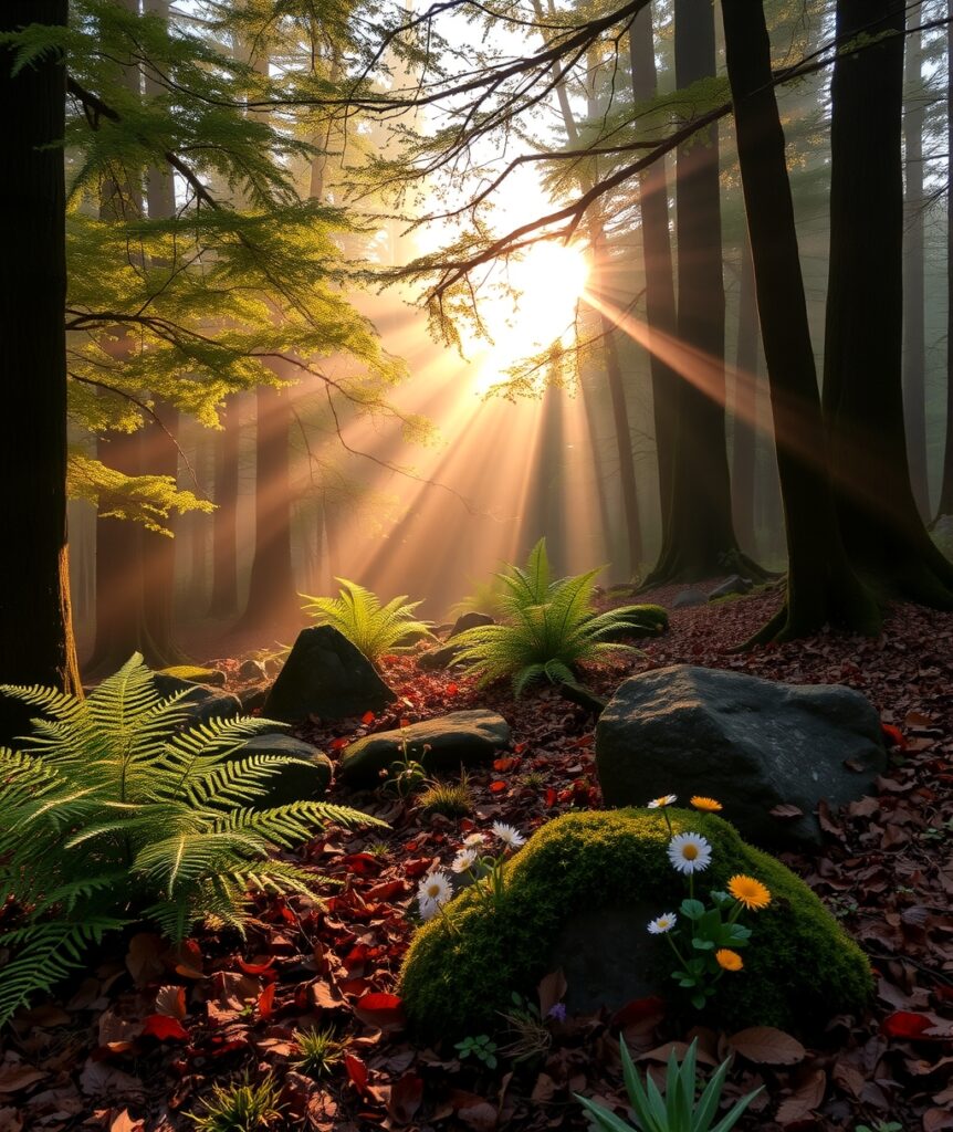 Serene Forest at Dawn with Morning Mist – free AI stock image
