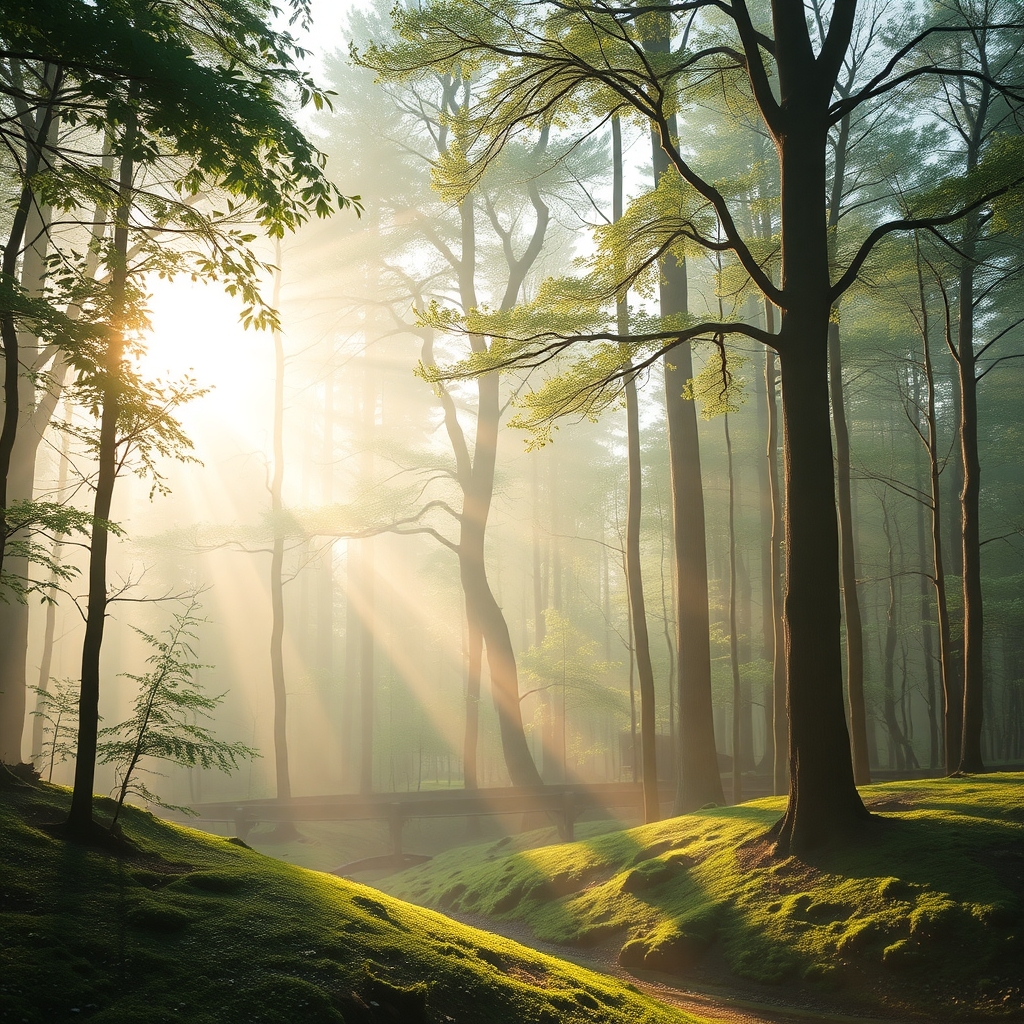 Serene Forest at Sunrise with Mist – free AI stock image