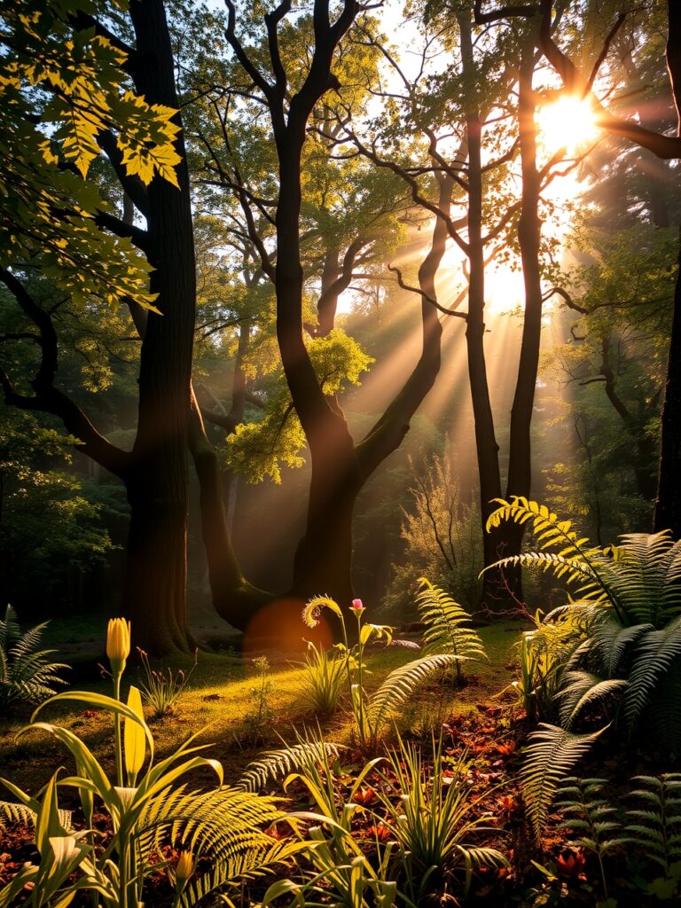 Serene Forest Background at Dawn – free AI stock image