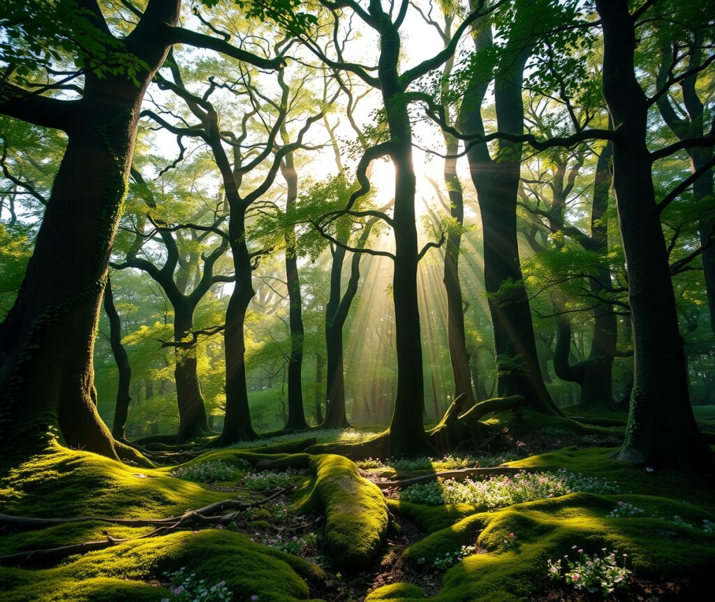 Serene Forest Background with Soft Light – free AI stock image