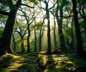 Serene Forest Background with Soft Light – free AI stock image