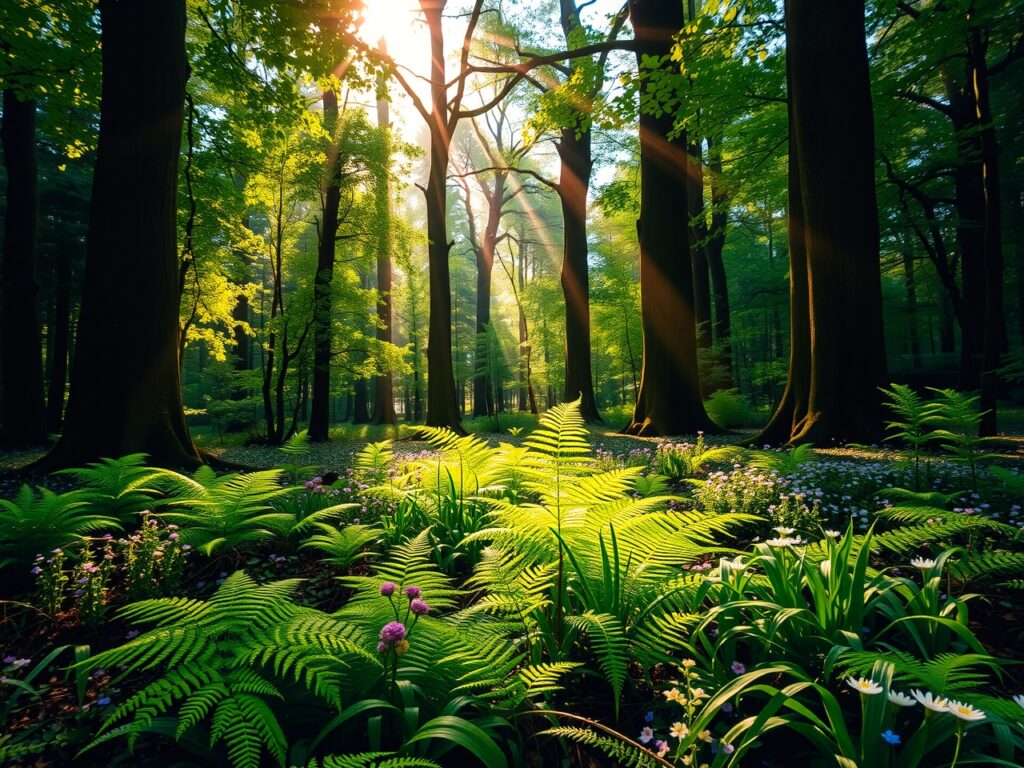 Serene Forest Background with Soft Light – free AI stock image