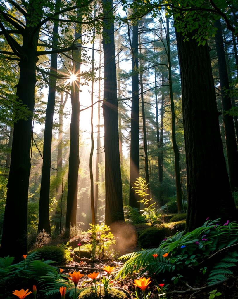 Serene Forest Background with Soft Light – free AI stock image