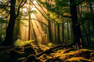 Serene Forest Background with Soft Light – free AI stock image
