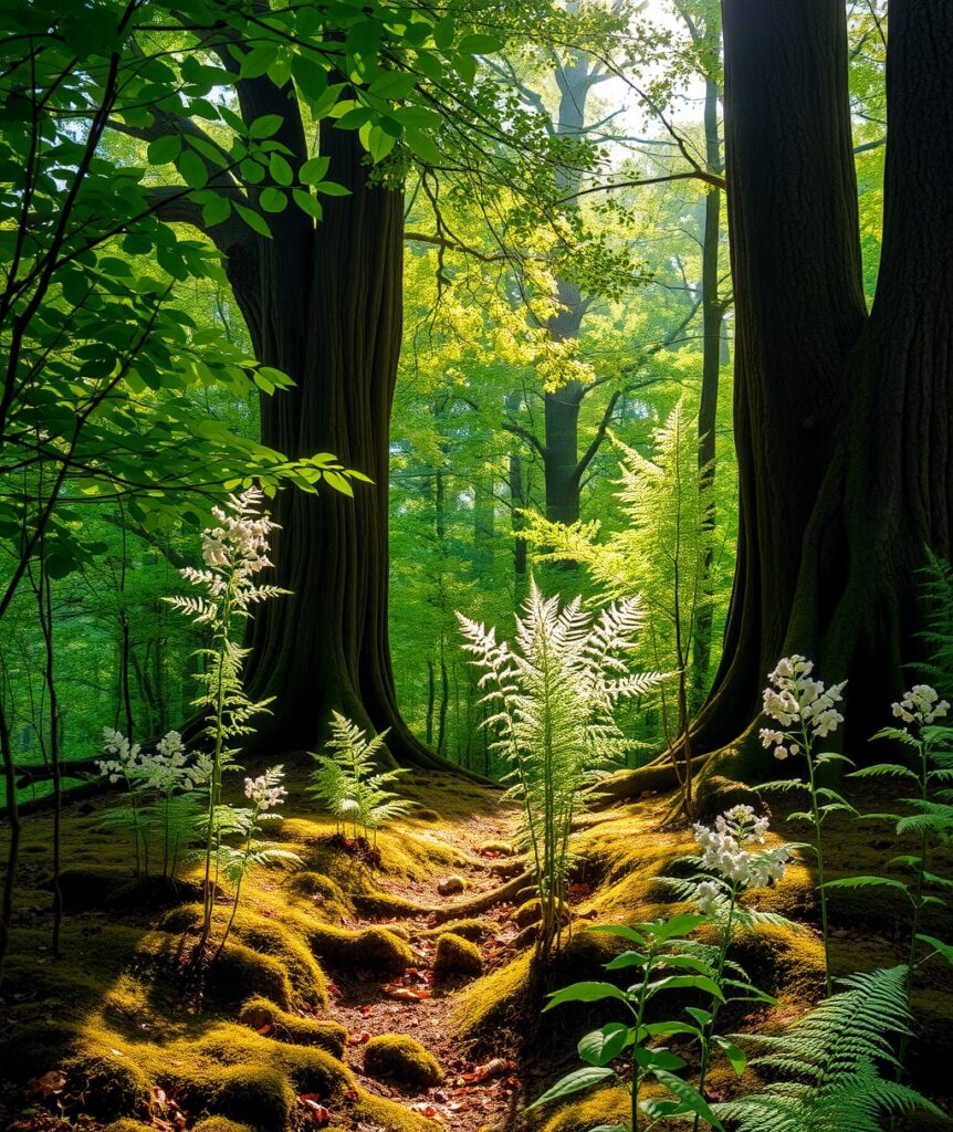Serene Forest Background with Soft Light – free AI stock image
