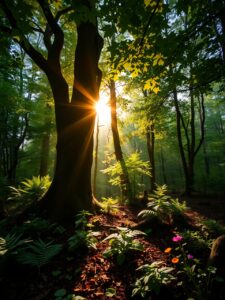 Serene Forest Background with Soft Light – free AI stock image