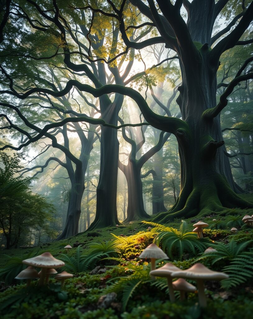 Serene Forest Background with Soft Light – free AI stock image