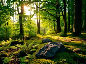 Serene Forest Background with Soft Light – free AI stock image