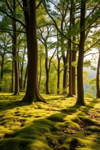 Serene Forest Background with Soft Sunlight – free AI stock image