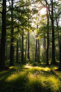 Serene Forest Background with Sunlight – free AI stock image